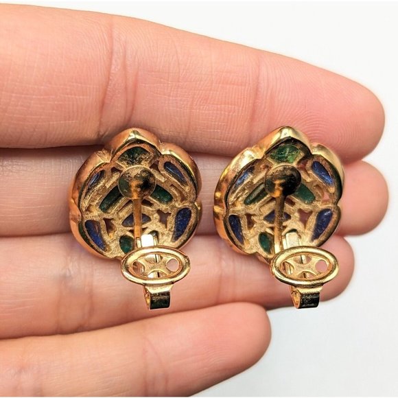 Crown Trifari Modern Mosaics Green Blue Gold Tone Clip On Earrings 1960s - Picture 6 of 8